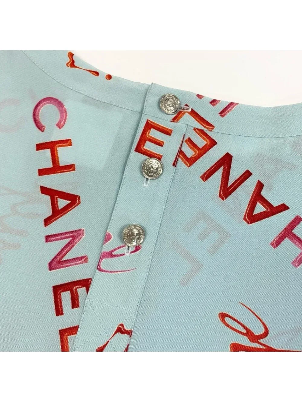 Chanel Vintage Logo Print Silk Blouse Short Sleeve 36 Blue Top